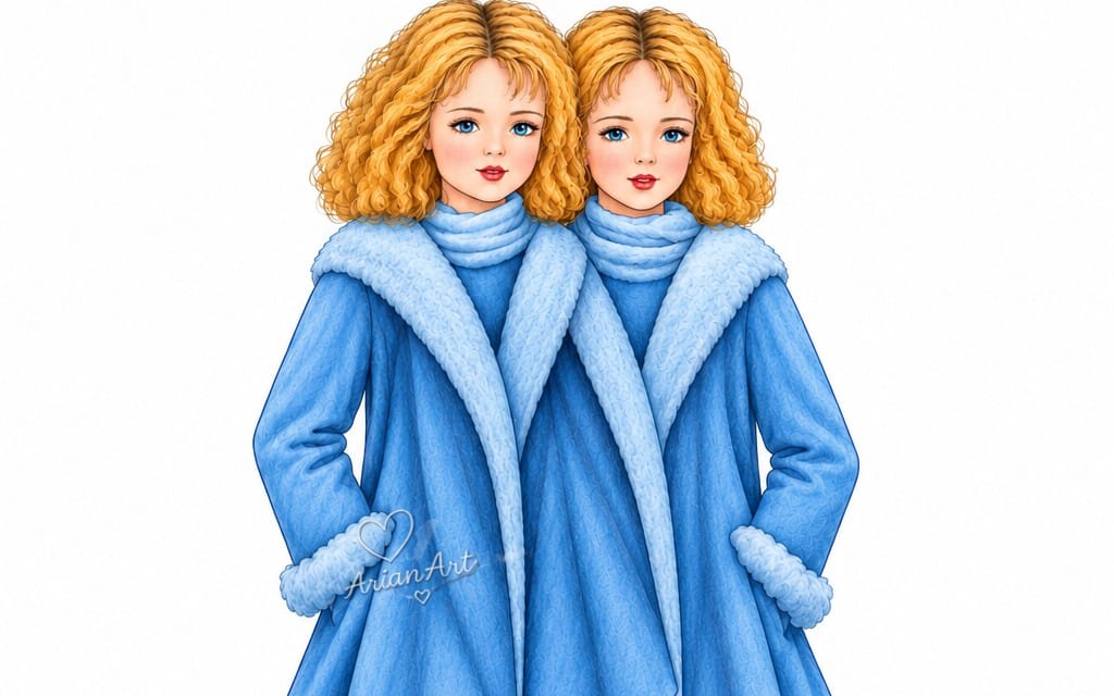 Twin girls fashion illustration of two blonde women in matching light blue winter coats with scarves
