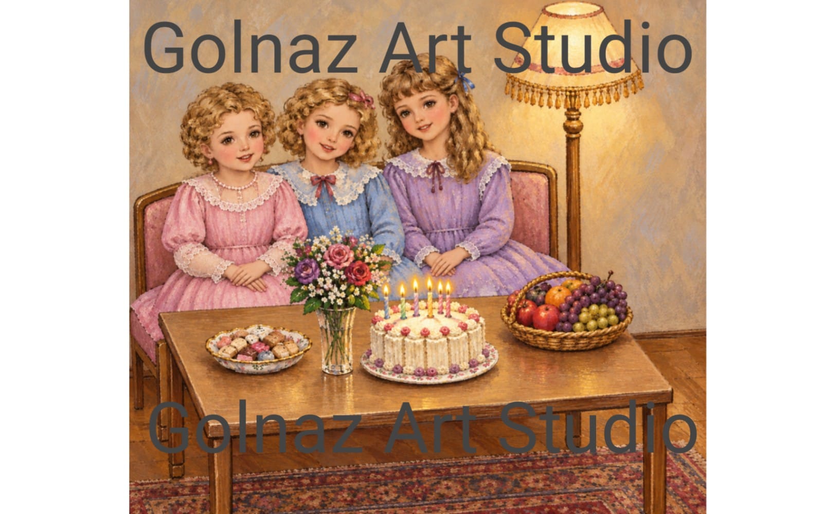 Vintage digital illustration of three sisters in pastel dresses at a birthday table with a candle cake and fruit basket