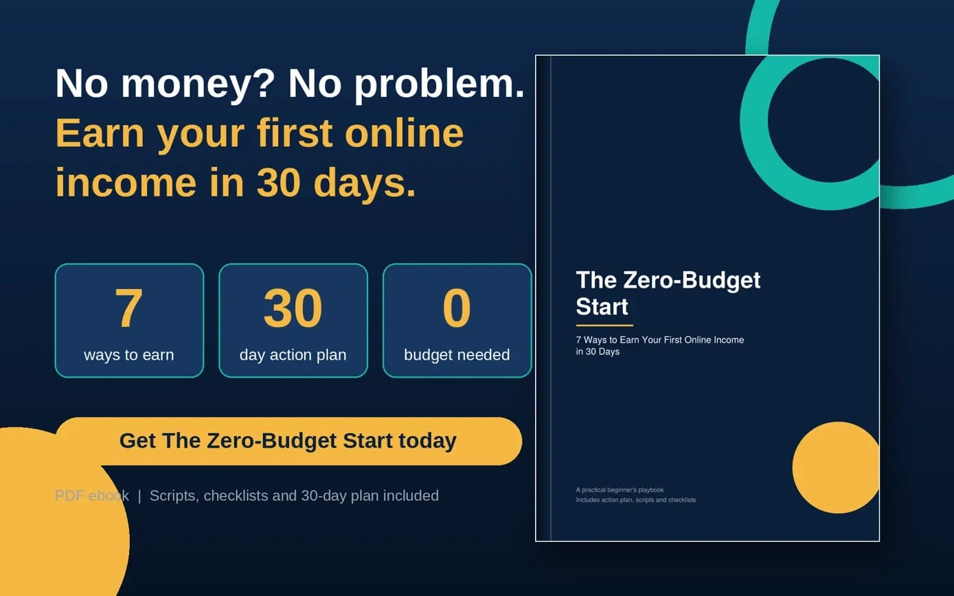 Promotional cover for a digital ebook course titled The Zero-Budget Start about earning first online income in 30 days