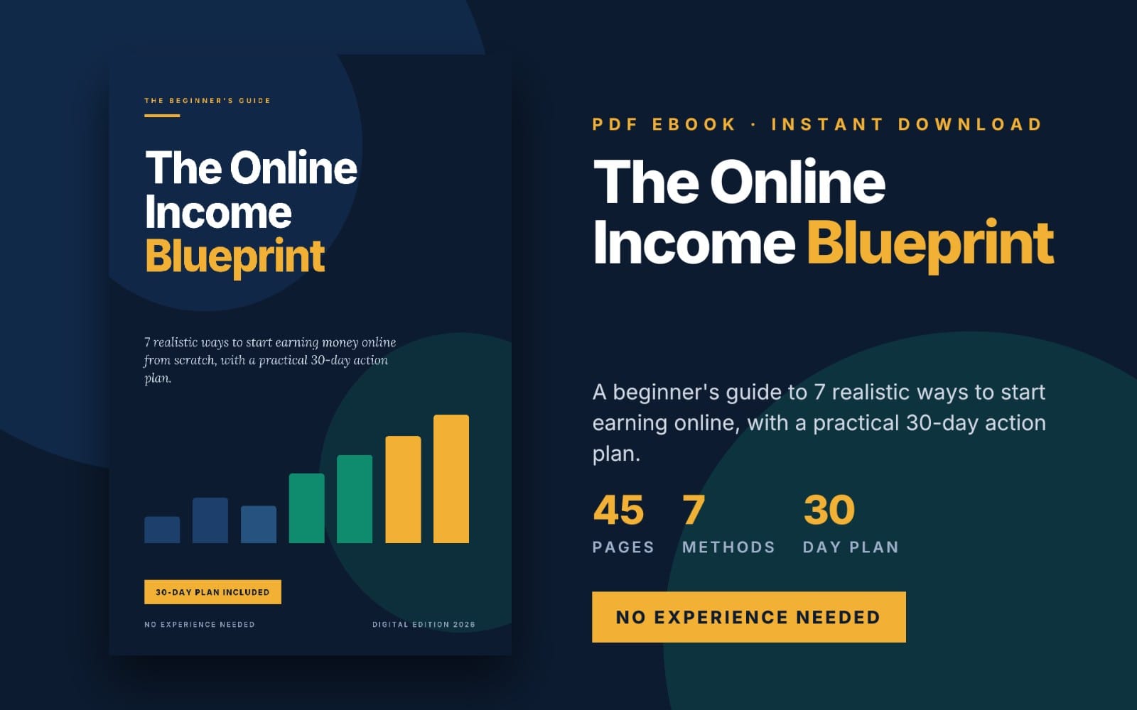 Two-sided ebook cover for The Online Income Blueprint, a PDF instant download with 30-day action plan graphics and stats