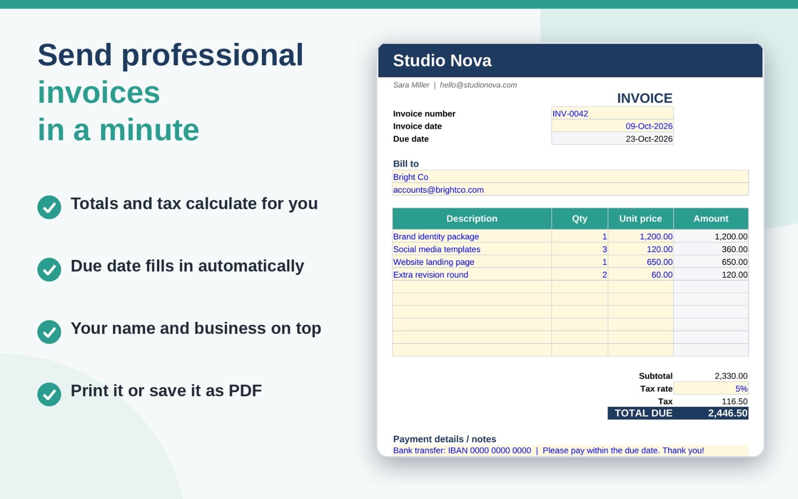 FreelanceFlow invoice template screenshot showing a styled invoice with totals and due date fields