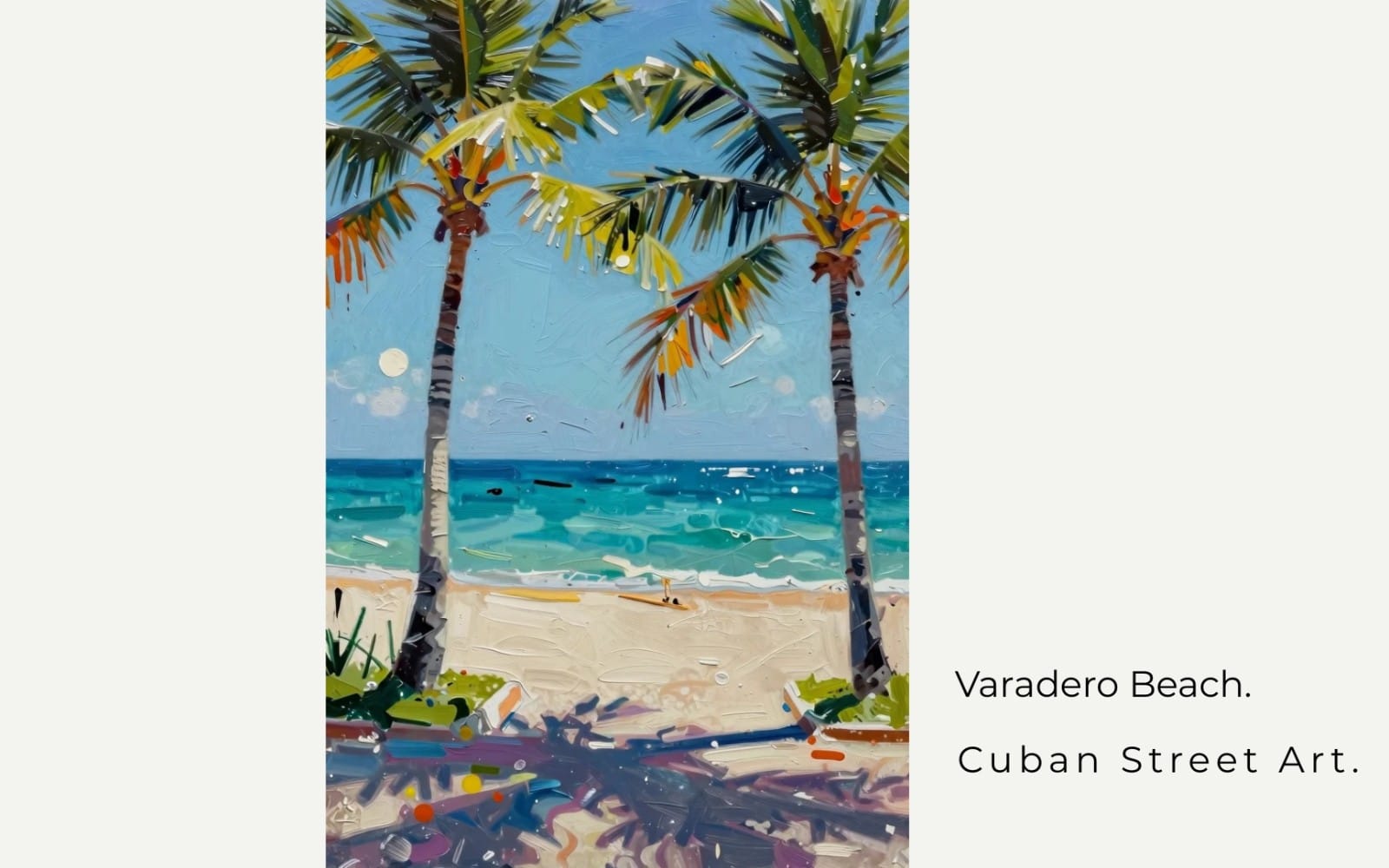 Colorful Cuba-themed street art print with palm trees over a turquoise beach, Varadero beach wall art set