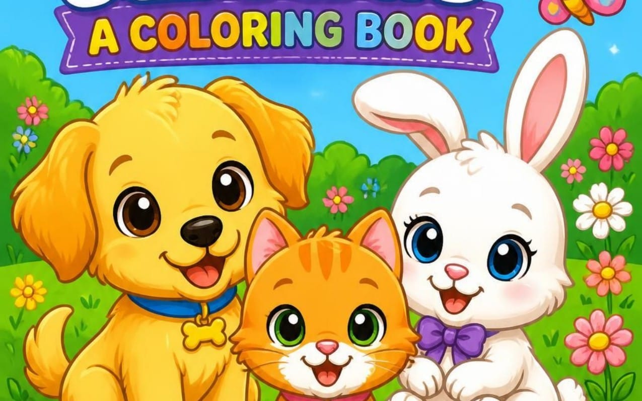 Coloring book cover for kids featuring cartoon puppy, kitten, and bunny among flowers and grass for printable PDF bundle