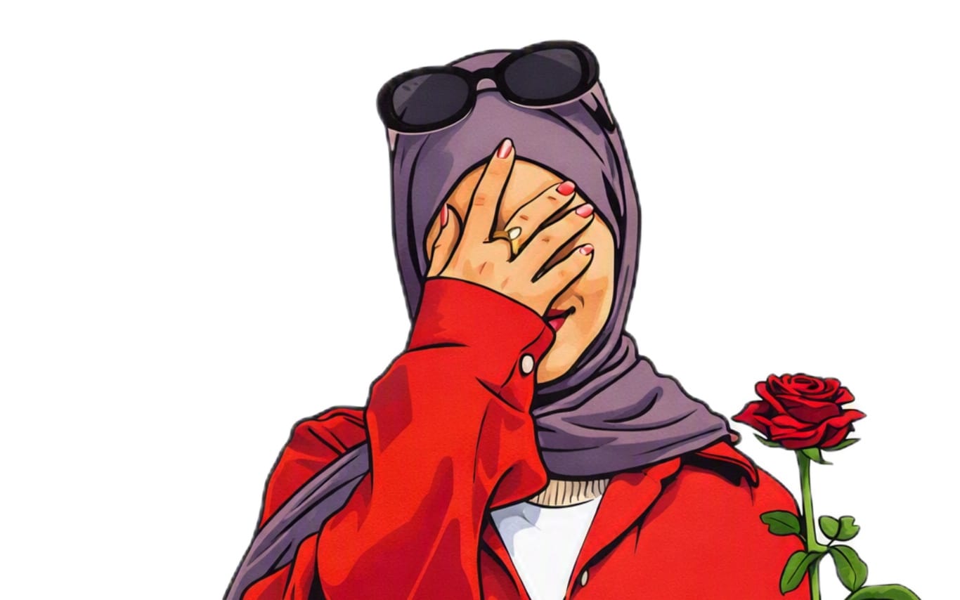 Cartoon illustration of a veiled girl in red jacket holding a rose, titled The Girl and the Red Rose