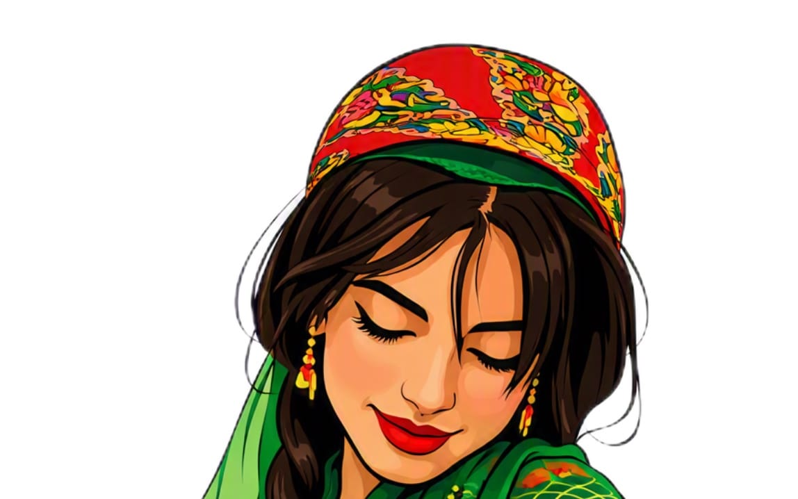 Stylized portrait of a Persian girl in colorful headscarf and green shawl, digital illustration