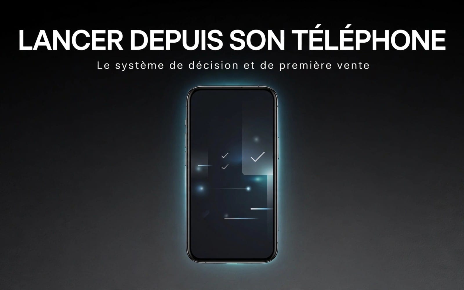 Smartphone mockup with decision checkmarks and glowing UI, promoting a digital sales training guide in French