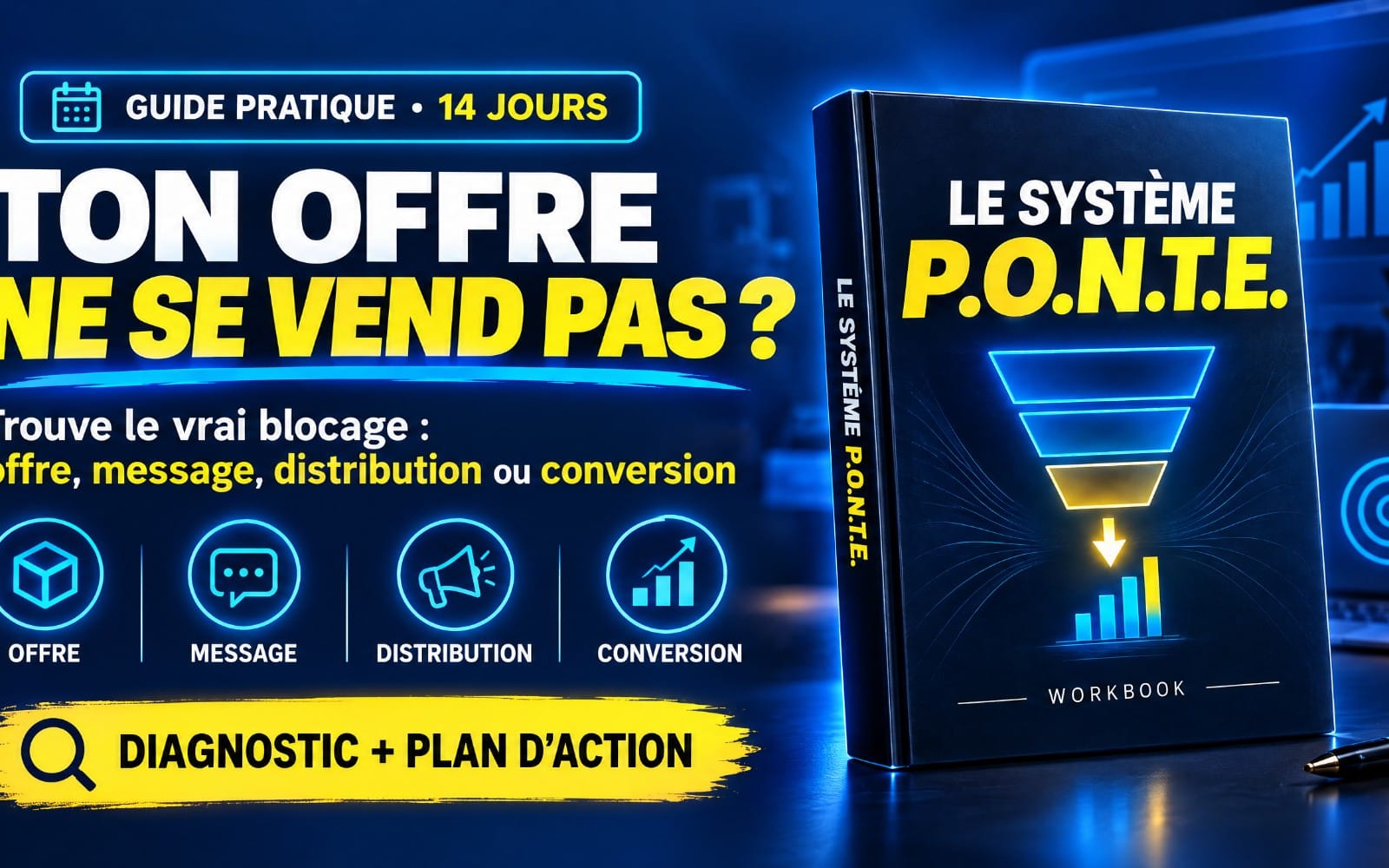 Bookworkbook marketing bleu avec titres Le Système P.O.N.T.E et guide pratique 14 jours, graphique entonnoir et barres