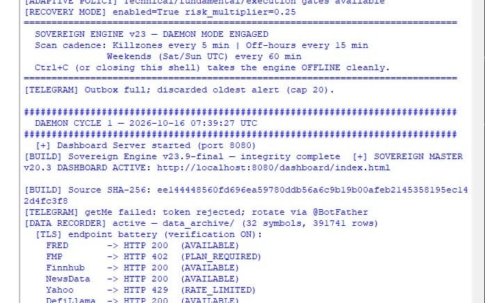 Monochrome terminal screenshot showing Trade Engine bot status and logs for an automated trading software download