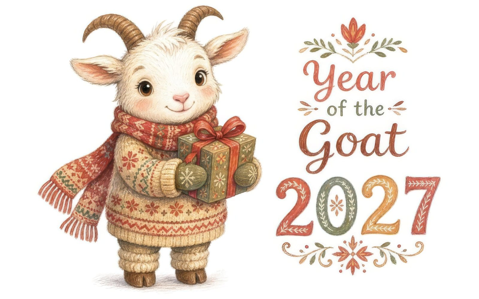 Cozy winter goat holding wrapped gifts beside 2021 New Year typography illustration