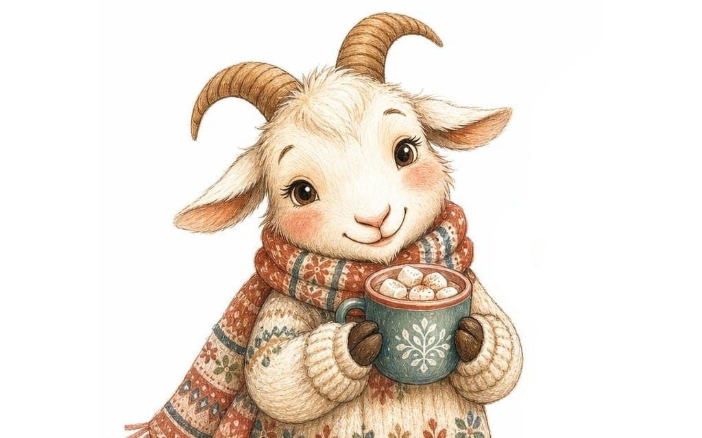 Cozy winter illustration of two cute goats holding a mug of cocoa for New Year greeting digital art