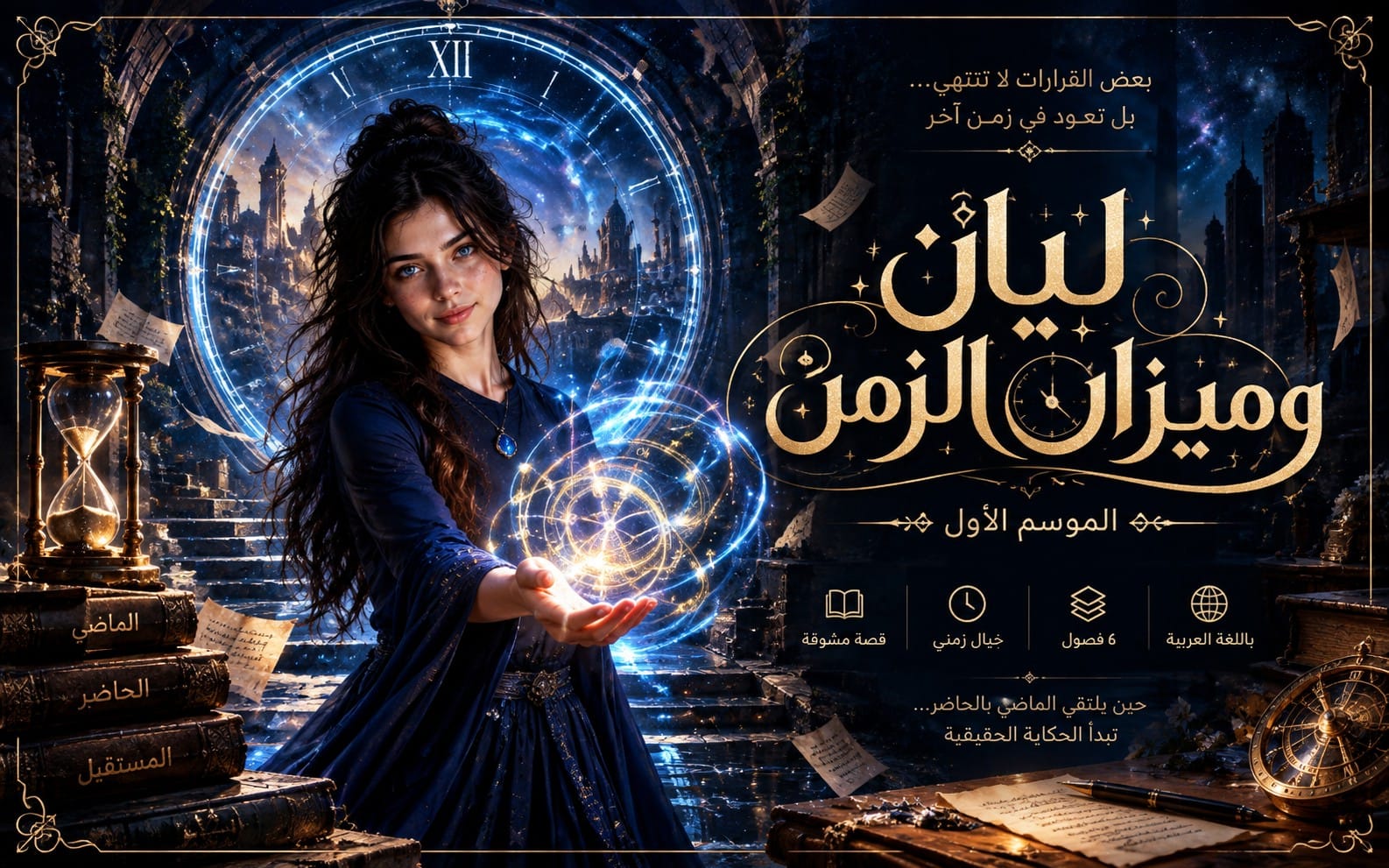 غلاف مسلسل رقمي لفصل أول ليان وميزان الزمن يظهر امرأة ساحرة أمام ساعة فلكية ونص عربي ذهبي