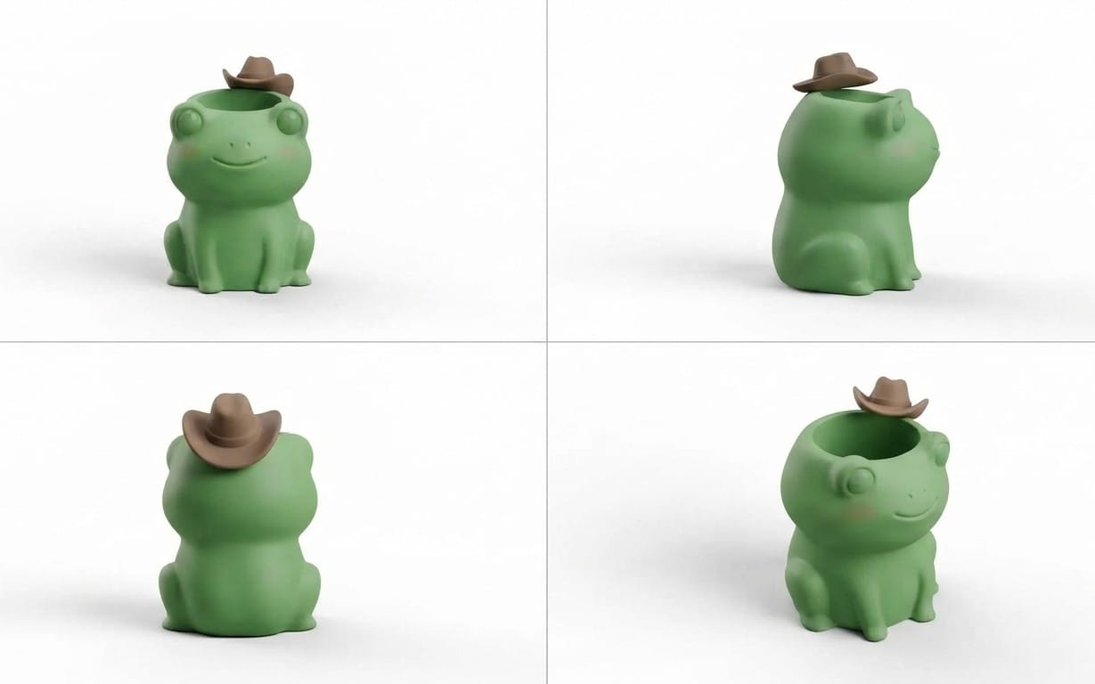 Cute green frog wearing a brown cowboy hat 3D printable succulent planter STL GLB PLY model
