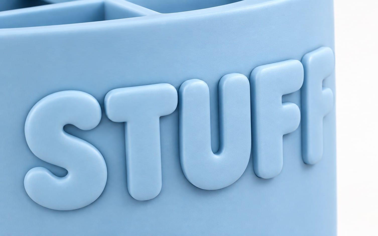 Minimalist “STUFF” desk organizer 3D model STL file with raised letters, blue render close-up