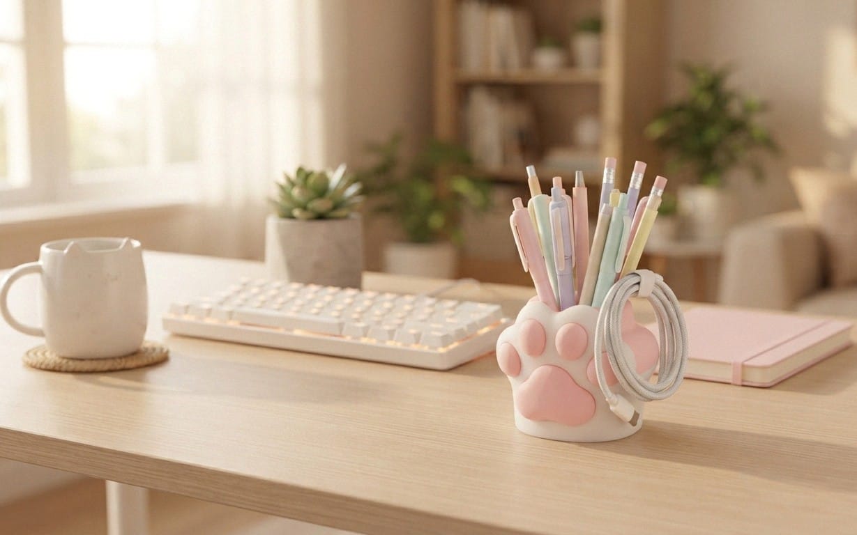 Kawaii cat paw pen and cable holder 3D print STL design with pens and cords on a desk organizer setup