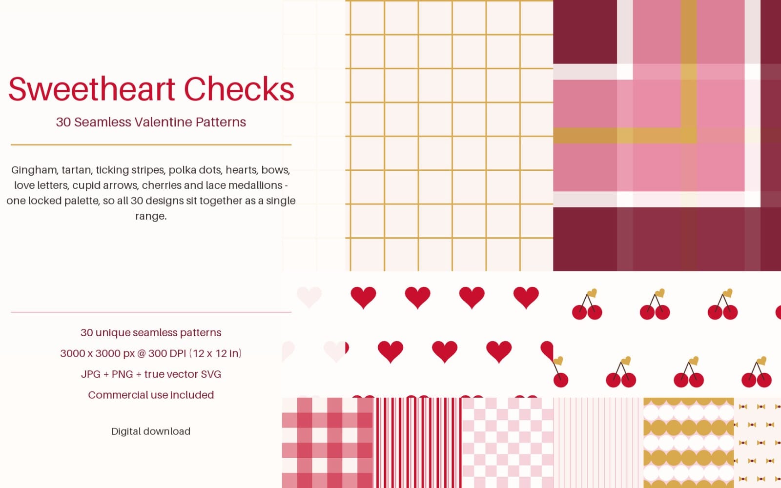 Valentine seamless digital paper pattern set preview with gingham checks, hearts, tartan stripes, cherries, JPG PNG SVG