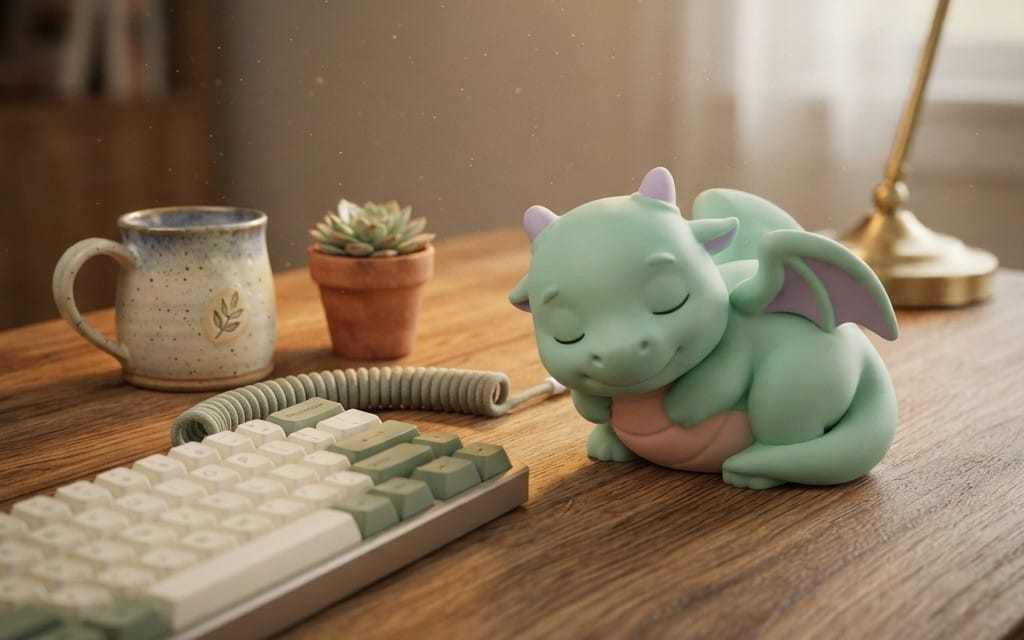 Cute sleeping baby green dragon 3D print STL, kawaii desk decor model on a wooden tabletop with keyboard