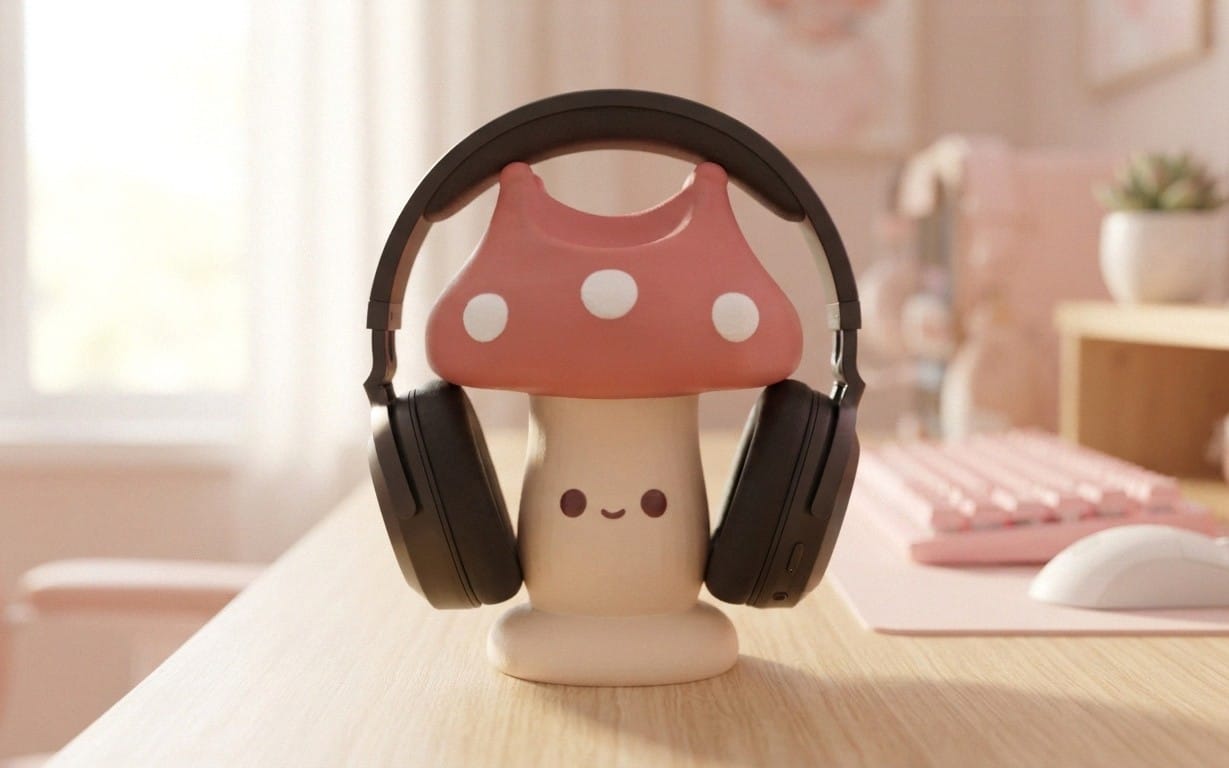 Kawaii mushroom-shaped 3D printable headphone stand holding black headphones on a desk