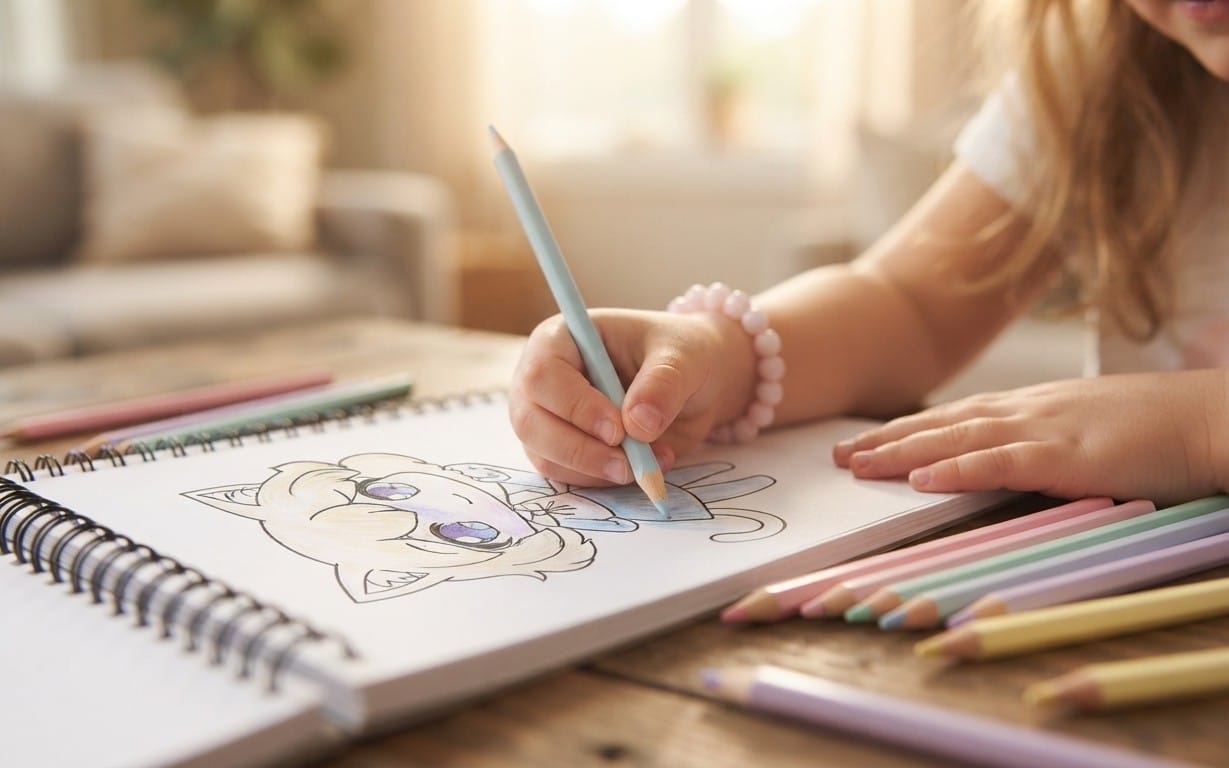 Person coloring a kawaii gacha-style kitten in a printable coloring book page with colored pencils