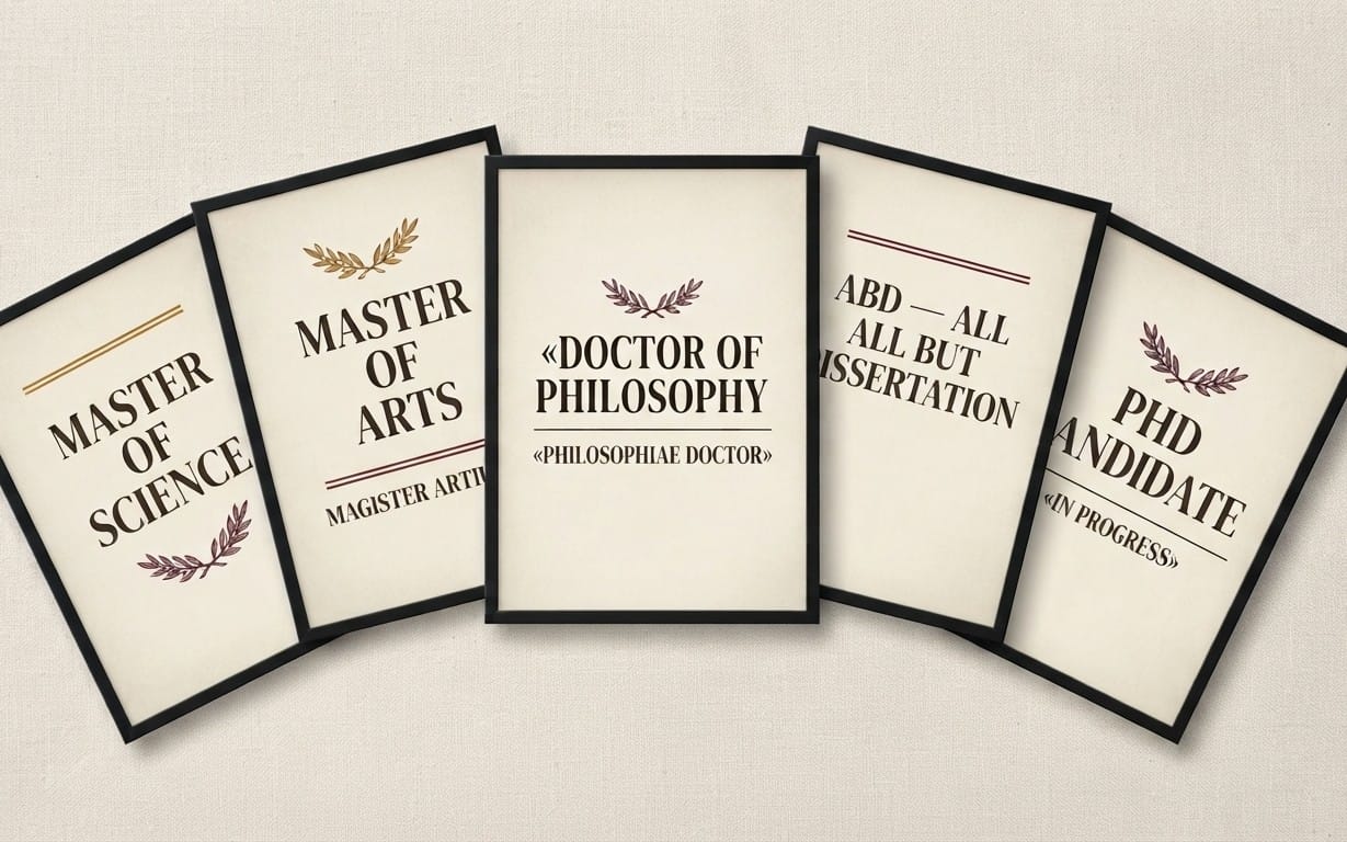 Set of dark academia wall art prints with graduation titles including PhD candidate in progress, doctor of philosophy
