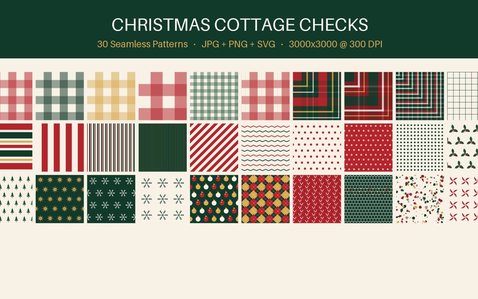 Christmas cottage checks seamless digital paper patterns with tartan, stripes, dots, and tree motifs in JPG PNG SVG set