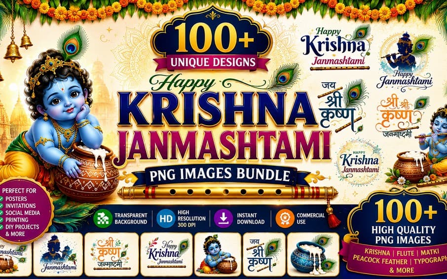 100+ Happy Krishna Janmashtami PNG Bundle | Transparent Background PNG