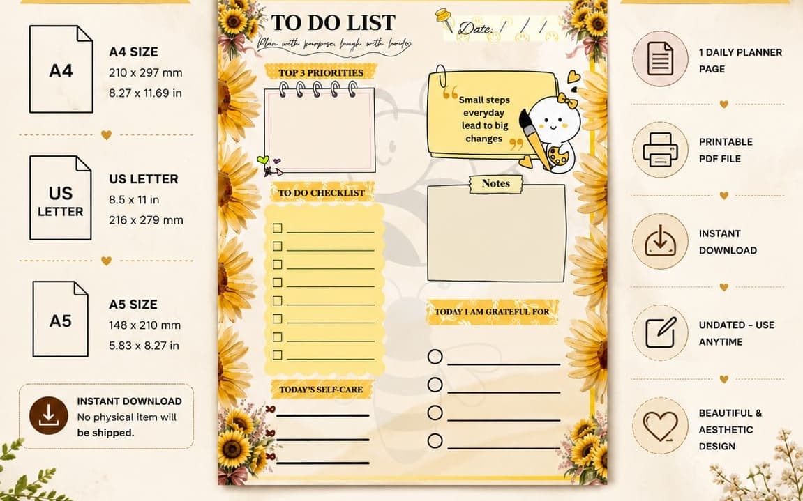 Sunflower Daily Planner Printable | Cute To Do List PDF | Daily Productivity Planner | Self Care & Gratitude Planner | A4 Instant Download