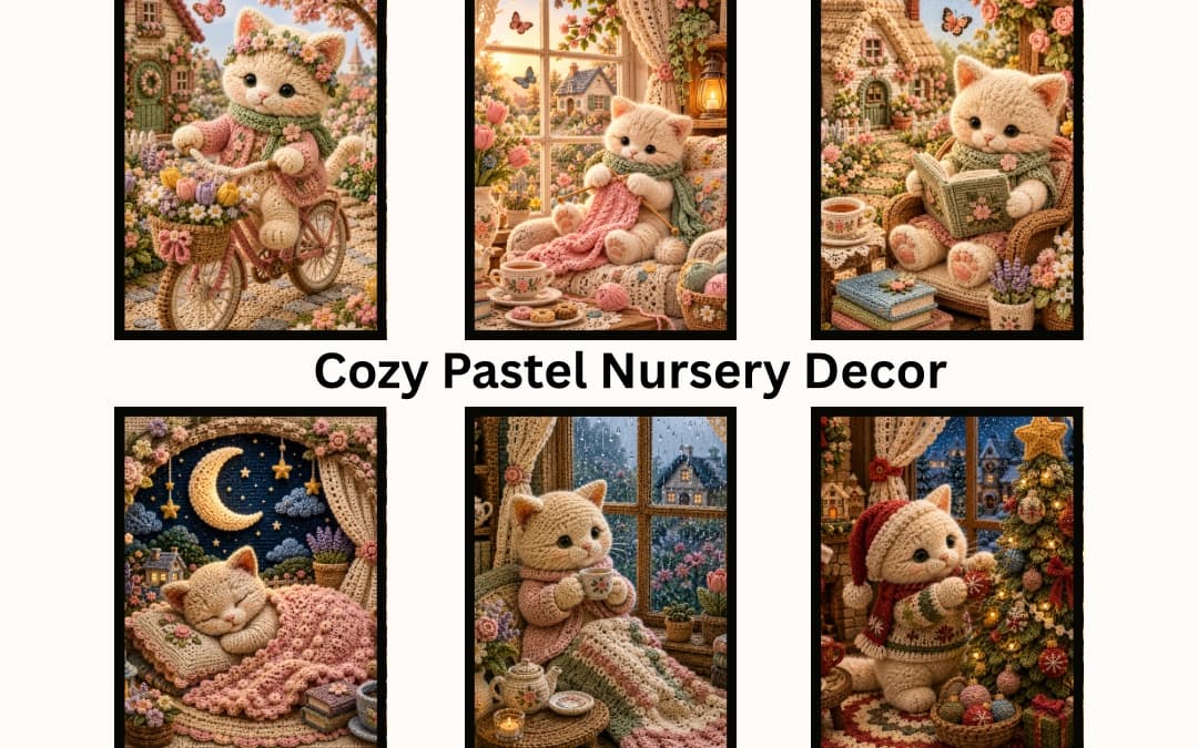 Set of 6 Crochet Kitten Art Prints, Cottagecore Nursery Decor (Digital Download)