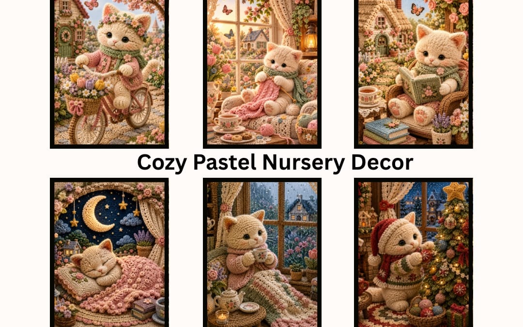 Set of 6 Crochet Kitten Art Prints, Cottagecore Nursery Decor (Digital Download)