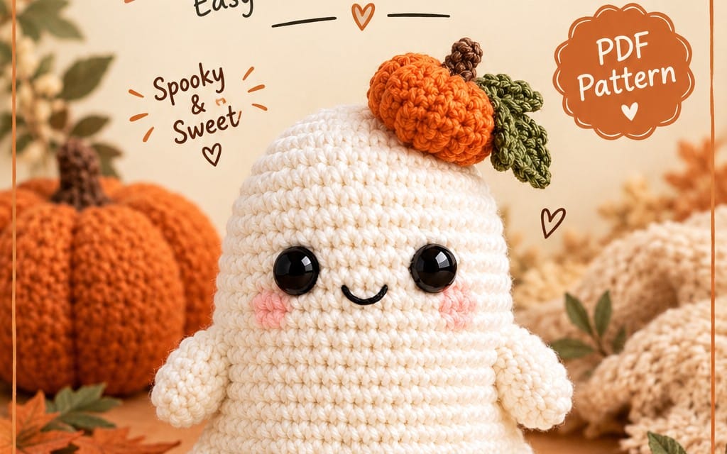Cute crocheted ghost amigurumi PDF pattern with pumpkin and Halloween background and stitched face details