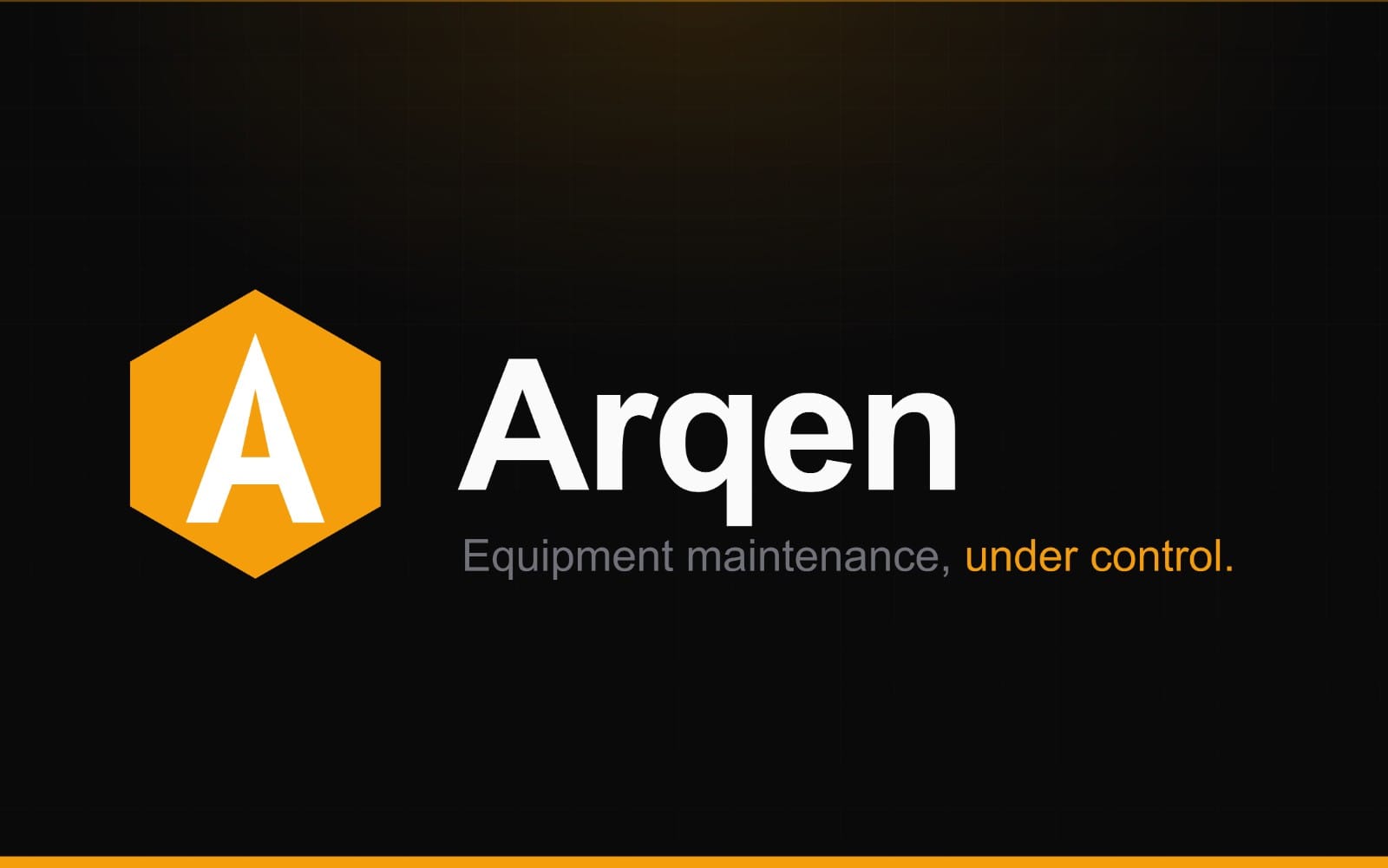 Arqen equipment maintenance software logo with hexagon icon and tagline on dark grid background