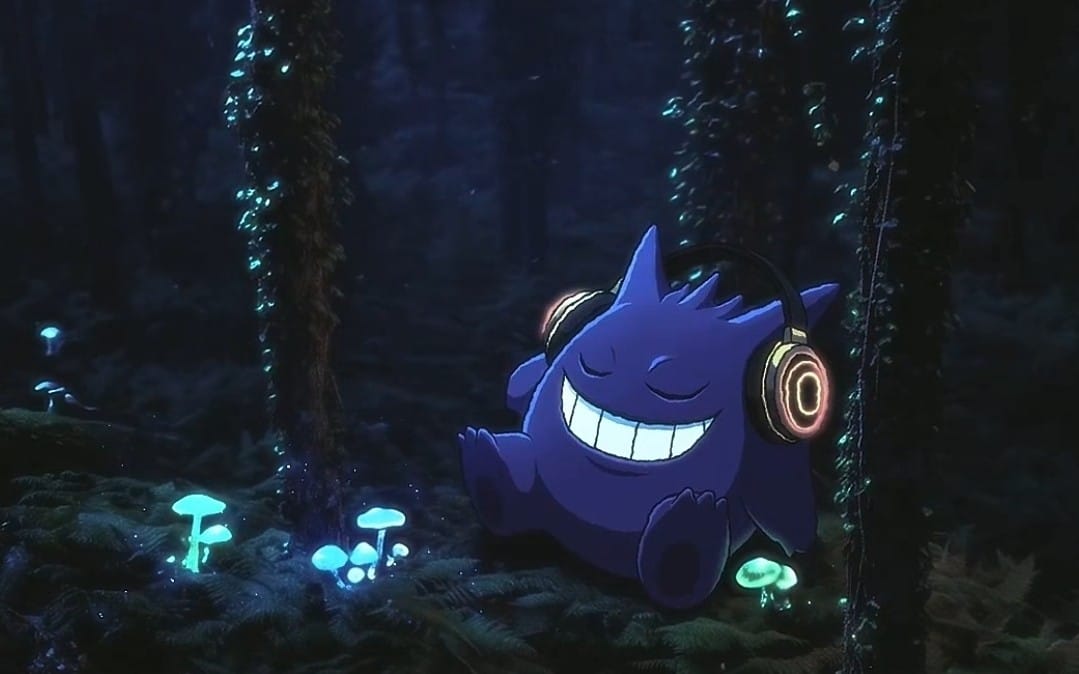 Pixel-art short video for TikTok featuring a smiling blue monster with headphones in a neon forest at night
