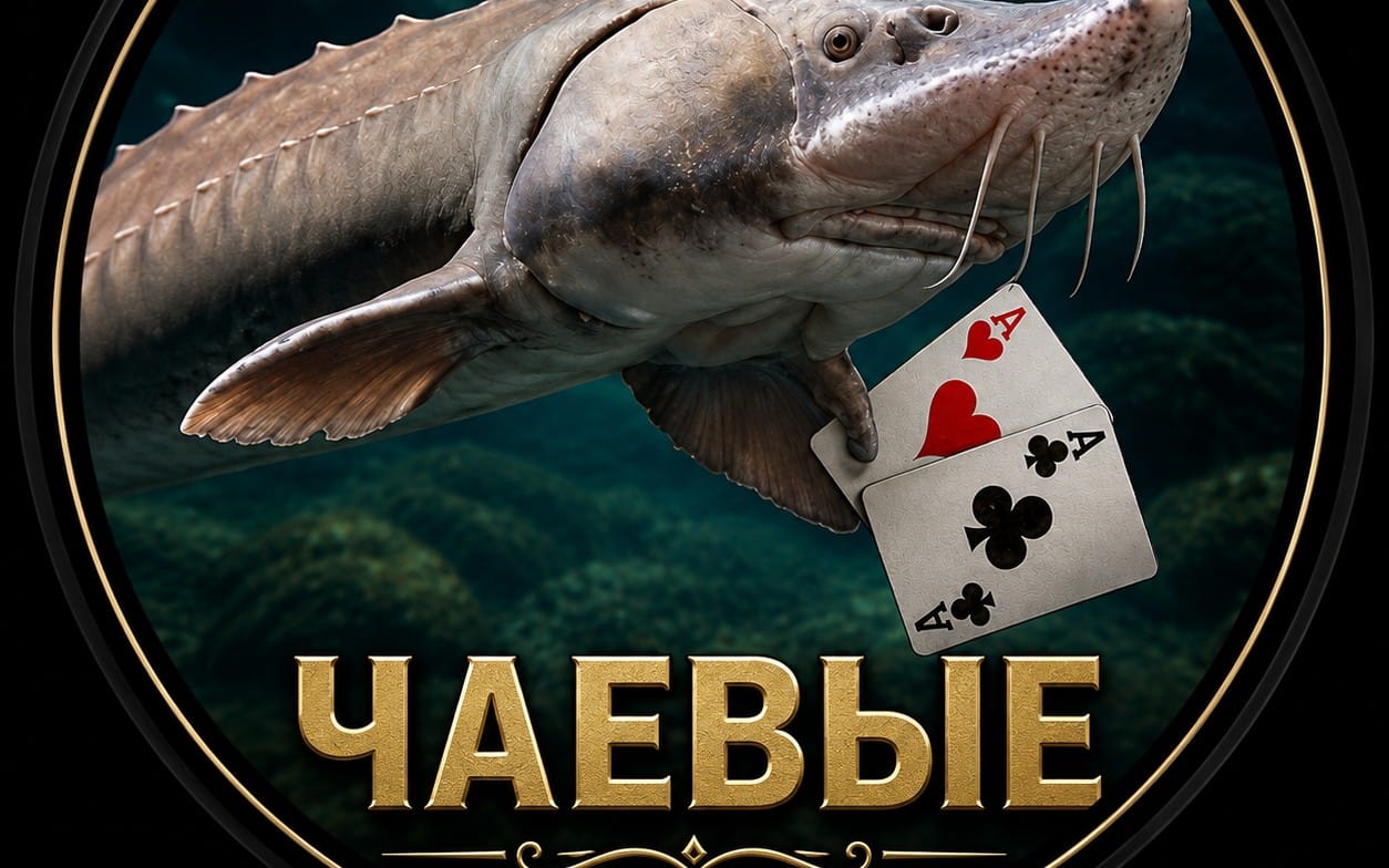 Крупная рыба с картой игральных тузов и надписью ЧАЕВЫЕ, обложка/баннер цифровой услуги