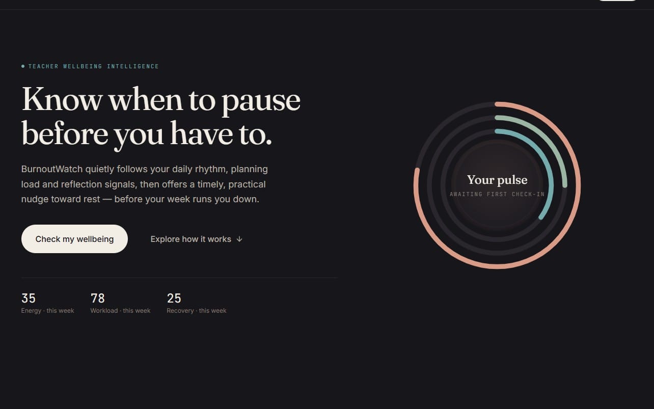 BurnoutWatchTeacherAI landing page with teacher wellbeing text, stats, and a circular pulse indicator graphic