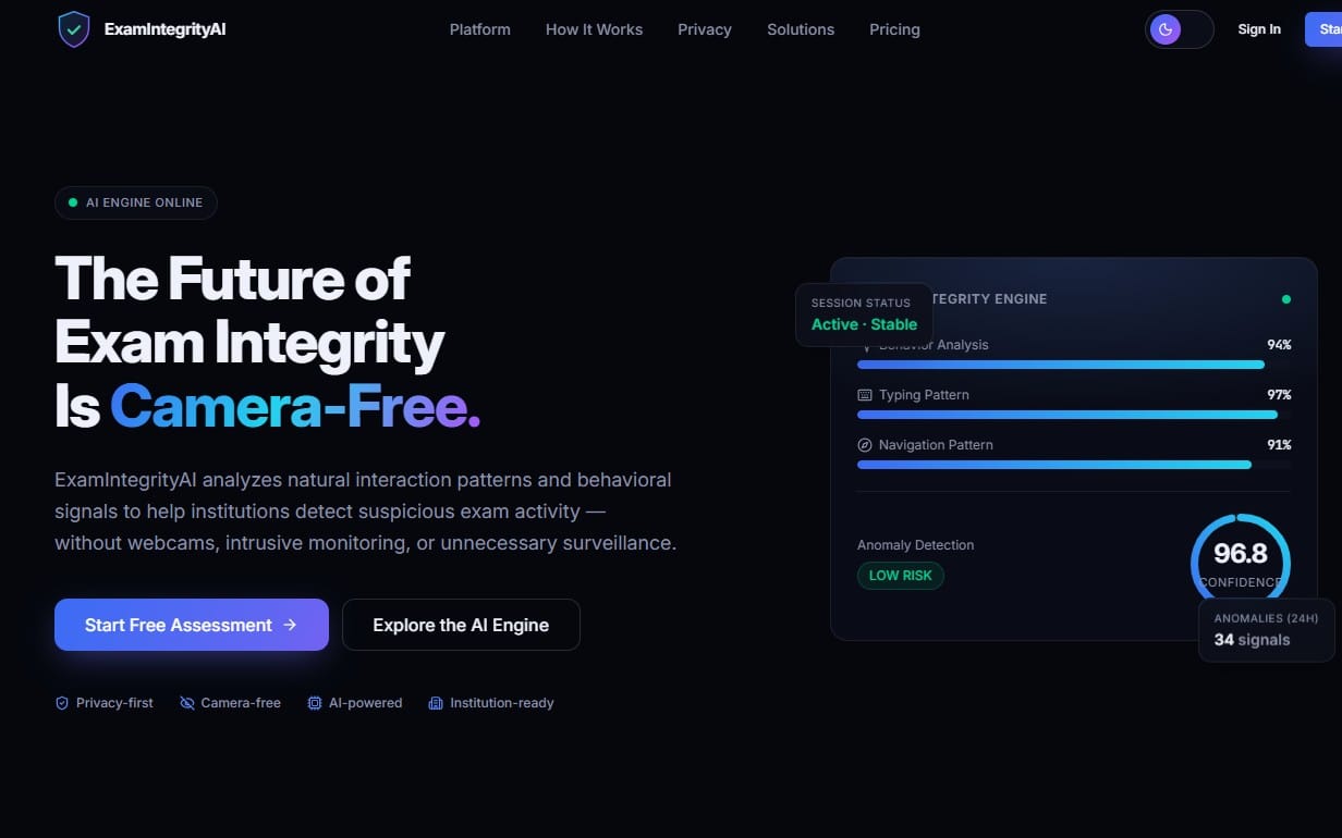 ExamIntegrityAI website landing page showing camera-free exam integrity analytics dashboard with risk metrics and