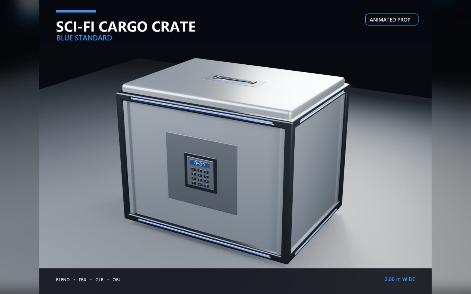 Animated sci-fi blue cargo crate prop with keypad panel and glowing blue trim on a 3D render background