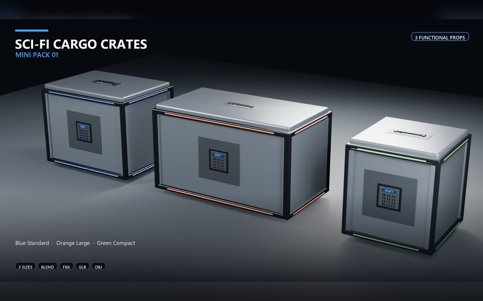 Set of animated sci-fi cargo crates in three sizes and colors with glowing control panels