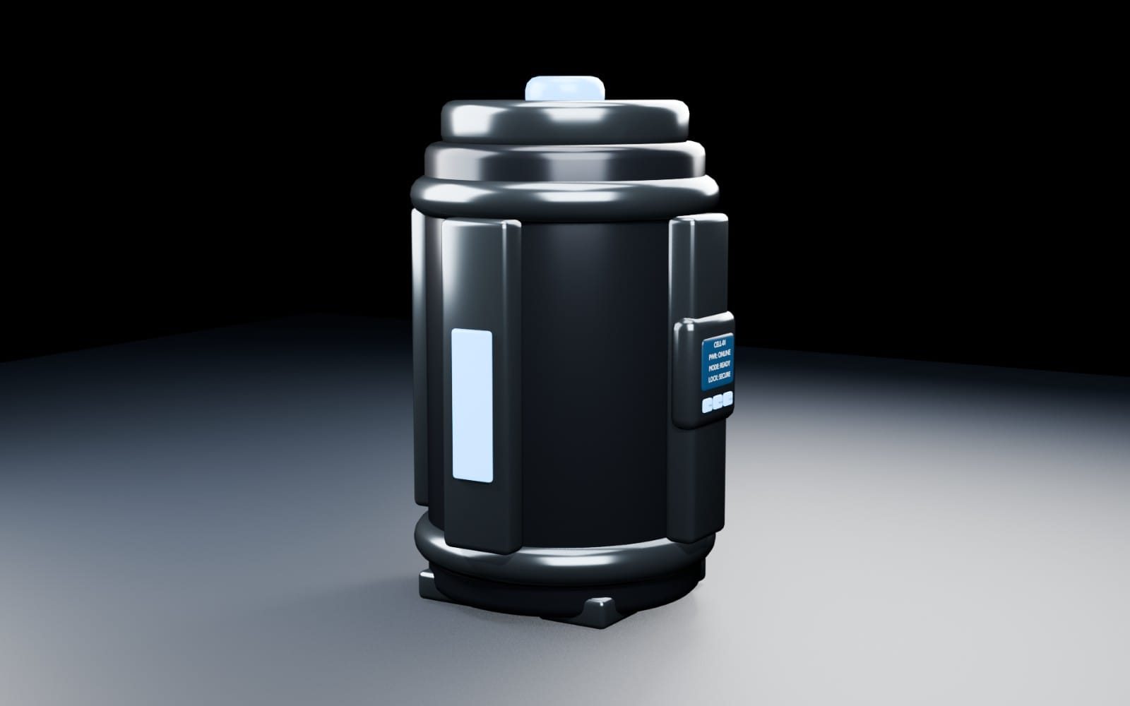 Futuristic sci-fi industrial canister prop with screen panel and label, 3D mini pack asset