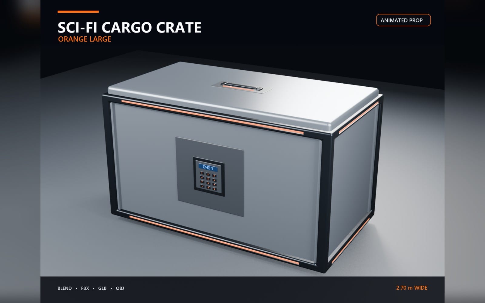 Animated sci-fi cargo crate prop, large orange-accented metal container with panel display and glowing trim