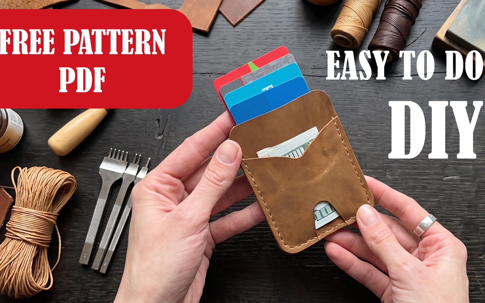 Brown leather card holder mockup with credit card slot, displayed with free PDF pattern for DIY leathercraft