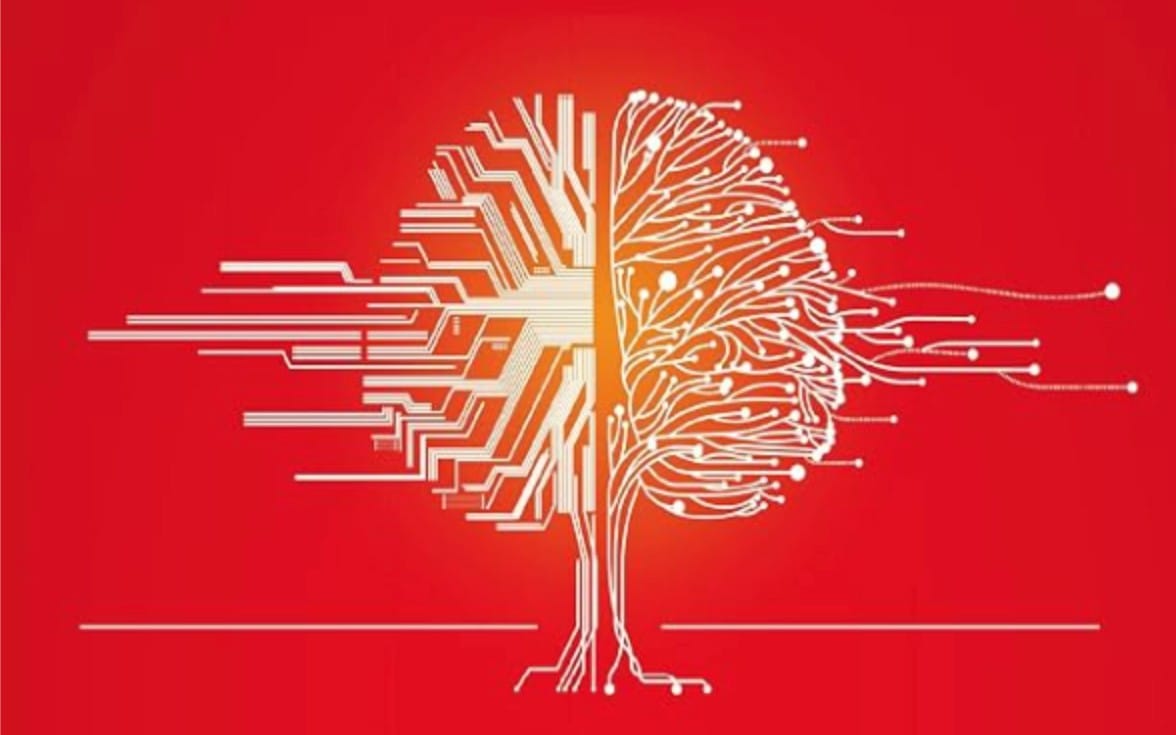 Red digital art cover with a circuit-pattern brain and tree for an AI optimization eBook