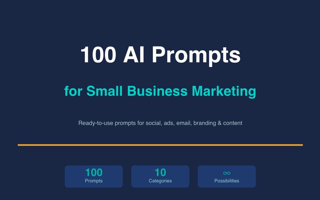 Marketing product cover showing 100 AI prompts for small business marketing with prompt details in text