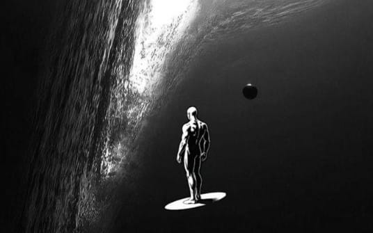 Black and white sci fi wallpaper with alien astronaut figure and planet lighting, selling AI wallpaper prompt pack