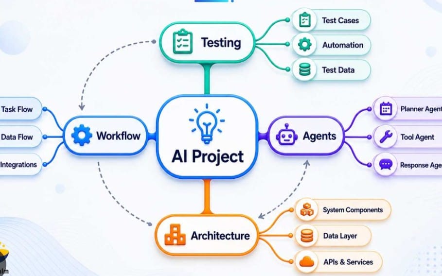 Digital marketing graphic showing AI project workflow with testing, agents, architecture icons for a prompt pack