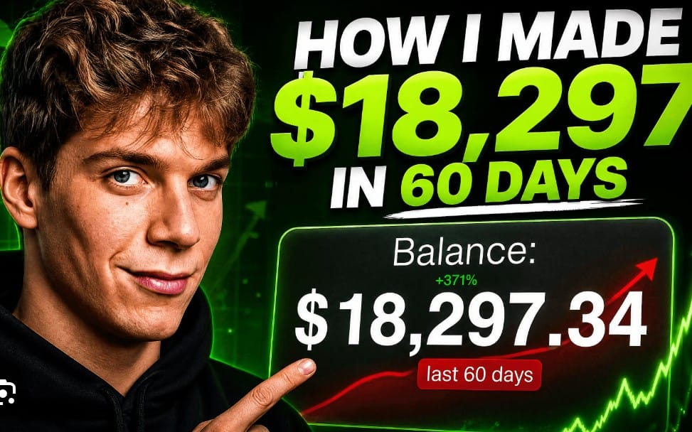 YouTube thumbnail promo banner with a man pointing at a green earnings chart and bold text for AI thumbnail prompts