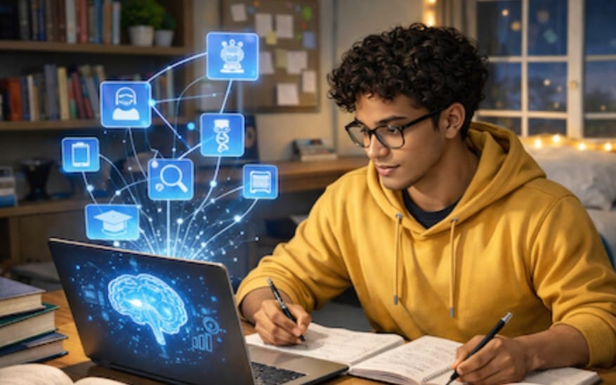 Student studying with AI learning concept graphics on a laptop, digital course or guide on maximizing study potential