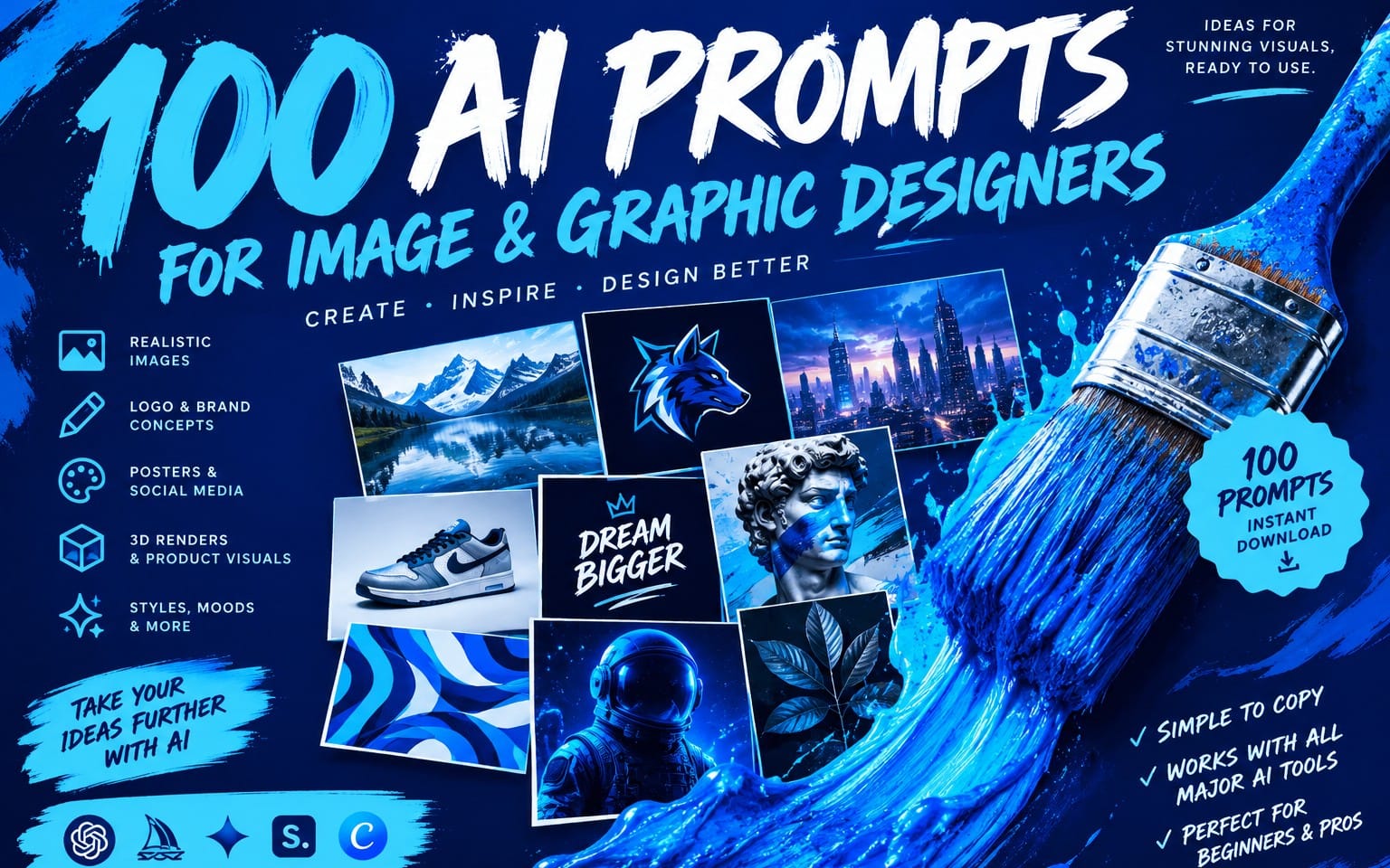 Blue promotional banner for an AI prompt pack, featuring 100 AI prompts for image and graphic designers