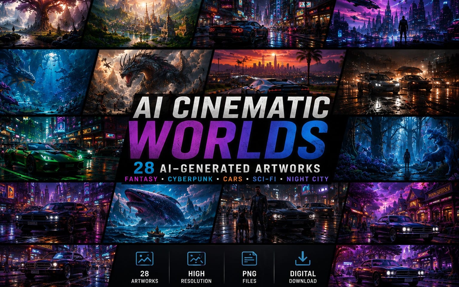 AI Cinematic Worlds Collection – 28 Фэнтези, киберпанк, роскошные автомобили и научно-фантастические произведения искусства