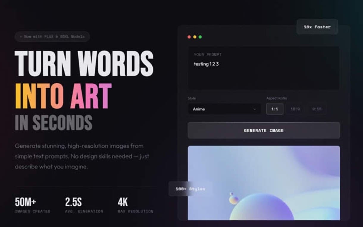 Promotional banner for an AI art generator showing text-to-image interface and sample generated artwork