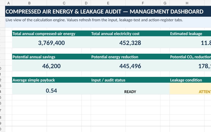 Compressor Air Energy & Leakage Audit Pro — Excel Workbook