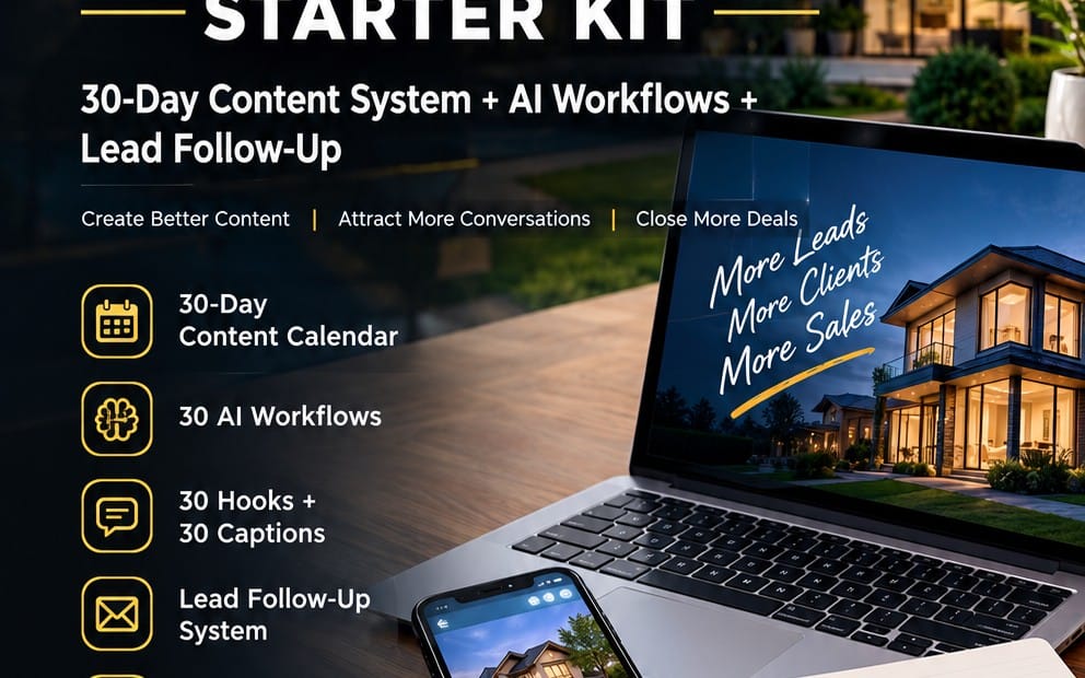 Marketing starter kit banner showing laptop and phone for a realtor lead follow-up and 30-day content system